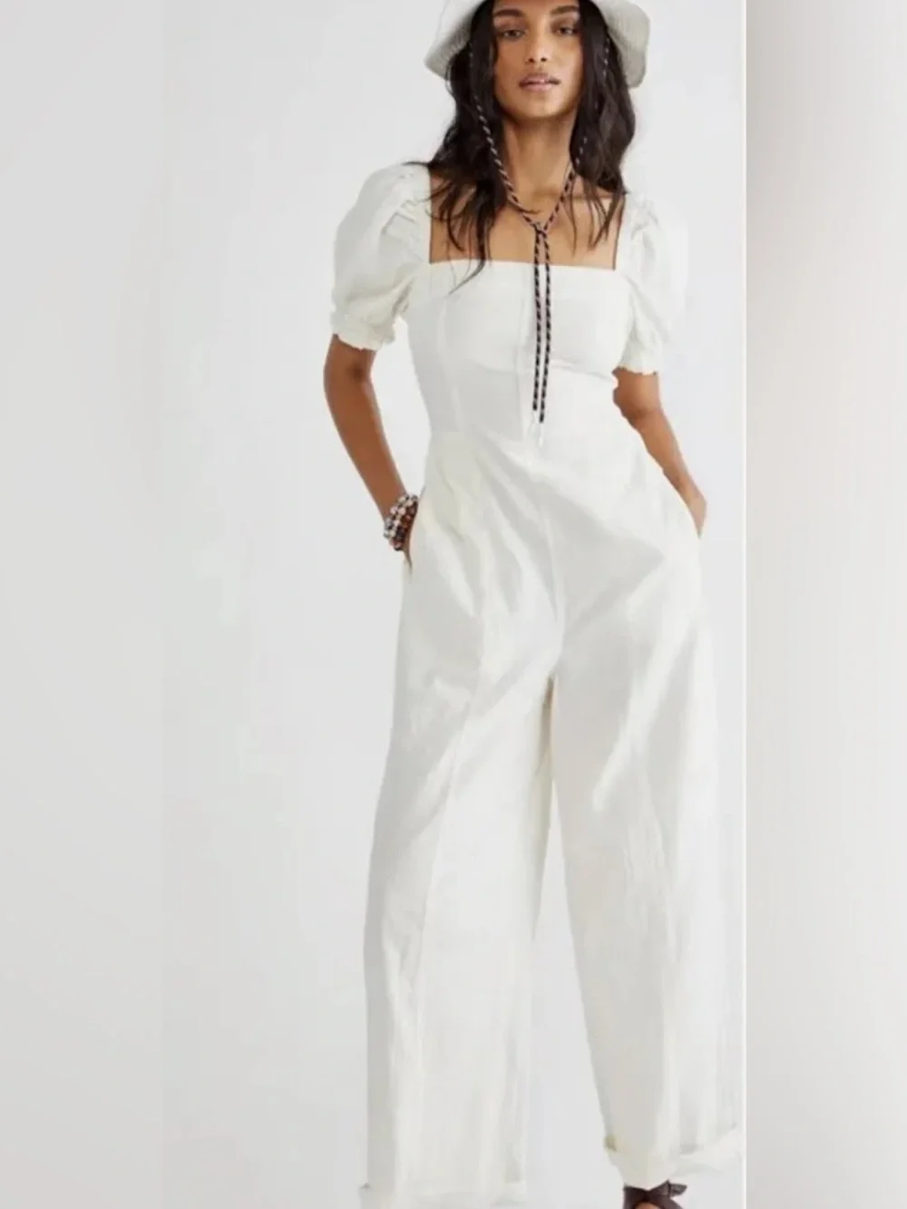 Free People White Square-Neck Puff-Sleeve Barrel style  Jumpsuit